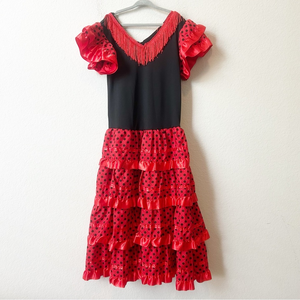 Little Girl Flamenco Spanish Sevillana Dancer Red & Black Polka Dot Costume  12